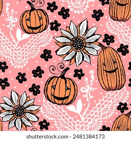 Vector seamless pattern with Halloween pumpkins in rustic style