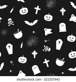 vector seamless pattern for Halloween with pumpkins, ghosts, bats, skulls, bones, cauldrons and spider nets