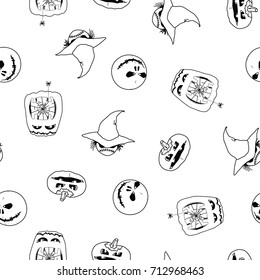 Vector seamless pattern of Halloween pumpkins, ghost and monster in hat. Halloween background