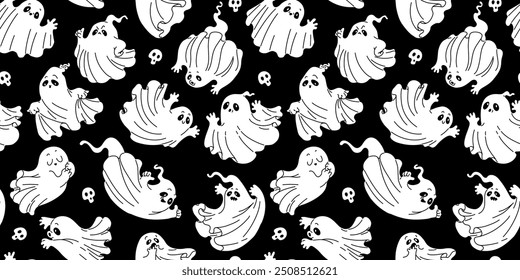 Vector seamless pattern for Halloween with scary ghosts and skulls on a black background. Perfect for creating a festive intimidating atmosphere in October.