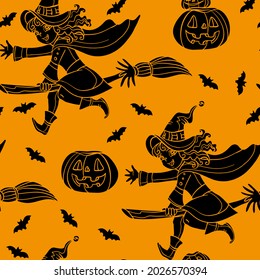 Vector seamless pattern for Halloween with silhouette of pumpkin, bats and little cute witch flying on a broomstick isolated on orange background. Bright cartoon pattern. For print, design, decor.