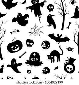 Vector seamless pattern with Halloween silhouettes. Black and white Samhain party background. Scary digital paper with jack-o-lantern, spider, ghost, skull, trees, bats, tomb, web. 
