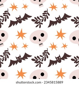Vector seamless pattern for Halloween. Skull, twig, stars and bat on a Halloween theme. Bright template for Halloween