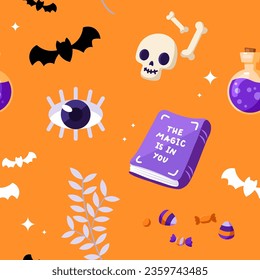 Vector seamless pattern for Halloween. Skull, bat, eye, plant, potion and candy on orange background. Modern autumn template for Halloween card, party invitation, wallpaper, holiday store sale, print,