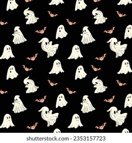 Vector seamless pattern for Halloween with spooky ghost boo and bat on dark background. Holiday backdrop for wrapping paper, fabric, textile, scrapbook.