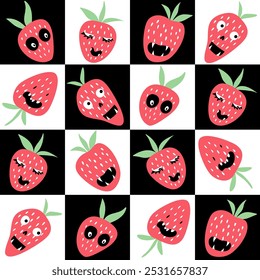 Vector seamless pattern for Halloween Strawberry monsters. Checkerboard version.