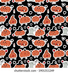 Vektornahtloses Muster zu Halloween. Im Stil der Handzeichnung. Auf schwarzem Hintergrund. Zum Bedrucken, für Stoff, für Umhüllung, Aufkleber.