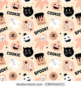 Vector seamless pattern with halloween sweets on pastel background. Modern design for fabric and paper, surface textures. 
