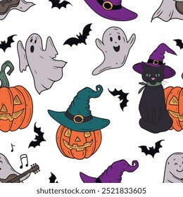 Vector seamless pattern with Halloween symbols - carved pumpkin jack o lantern, flying bats and ghost, black cat in witch hat. Hand drawn vector sketch illustration in doodle engraved vintage line art