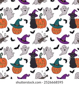 Vector seamless pattern with Halloween symbols - carved pumpkin jack o lantern, flying bats and ghost, black cat in witch hat. Hand drawn vector sketch illustration in doodle engraved vintage line art