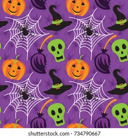 Vector seamless pattern with Halloween symbols: spiderweb, pumpkin, skull, spider, broom and magic hat. Design elements for halloween party poster.