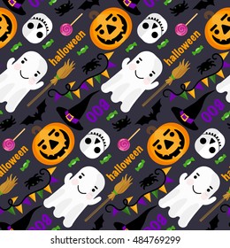 vector seamless pattern halloween theme. includes Ghost, pumpkin, candy, broom, candy, bat, spider