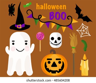 vector seamless pattern halloween theme. includes Ghost, pumpkin, candy, broom, candy, bat, spider