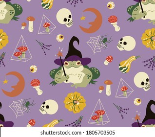 Vector seamless pattern for Halloween with toad-witch,  skulls, amanita mushrooms in glass florariums, moon, pumpkins and spiders.