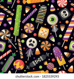 Vector seamless pattern for Halloween with traditional treats sweets, candies, lollipop decorated with halloween elements and ornaments.