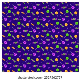 Vector seamless pattern for Halloween with traditional treats sweets, candies, lollipop decorated with halloween elements and ornaments.
