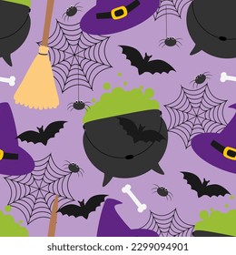 Vector seamless pattern for Halloween with witch brew in cauldrons, witch hats, broomsticks, spiders, web, bats and bones in cartoon style