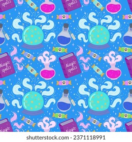 Vector seamless pattern for Halloween.Badges with a magic ball, a book about magic, potions, Halloween candy.Design elements, posters, book cover backgrounds, wallpapers, design,graphics, invitations.