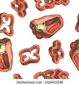 Vector seamless pattern with halves and slices of red pepper isolated on white. Hand drawn color texture with fresh paprika. Sketch of cut vegetables