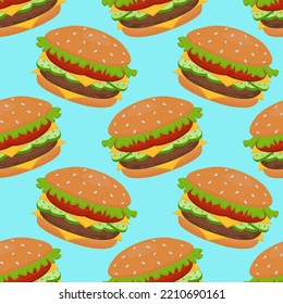 Vector seamless pattern with a hamburger. It can be used for textiles, website backgrounds, book covers, packaging, wrapping paper, cookbooks, restaurant menus. Food illustration.