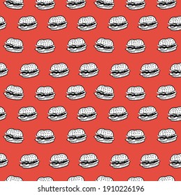 Patrón vectorial sin fisuras con hamburguesa en estilo doodle. Alimentos dibujados a mano. Icono, símbolo, logotipo. cocinar.
