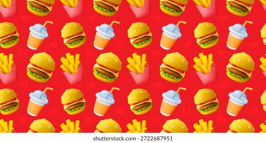 Vector seamless pattern with hamburger, french fries and take away soda cup. 3d style design of seamless pattern with burger, pack of french fries and cola. Fast food illustration on red background