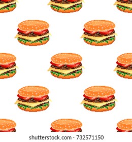 Vector seamless pattern hamburger on white background, pixel art style. Icon fast food. 8bit