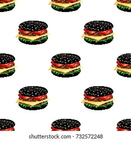 Vector seamless pattern hamburger on white background, pixel art style. Icon fast food. 8bit