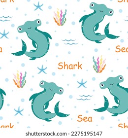 vector seamless pattern with hammerhead fish, underwater cartoon creatures, marine background, cute ocean print for fabric, children's clothing, textiles, wrapping paper