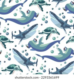 Vector seamless pattern with Hammerhead, ordinary shark and turtles with bubbles. Cute animals are swimming everywhere. Design of vector illustrations for fashionable fabrics, textile graphics, prints