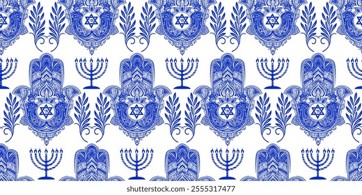 Vector seamless pattern with Hamsa hand, Star of David, menorah, and olive branches. Blue ornament on white background. Symbolic Jewish elements in detailed, decorative design for prints or background