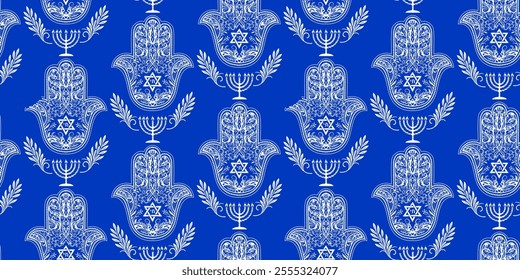 Vector seamless pattern with Hamsa hand, Star of David, menorah, and olive branches. White ornament on blue background. Symbolic Jewish elements in detailed, decorative design for prints or background