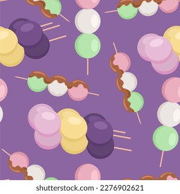 Vector seamless pattern with hanami dango and mochi. Violet background with japanese traditional desserts.