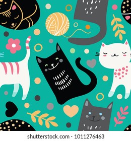 Vector seamless pattern with hand draw textured cats in graphic doodle style. Colored endless background. Eps-8