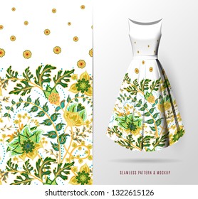 Vector seamless pattern of hand draw fantasy flowers on women's dress mockup. Hand-drawn ornate pattern with an example of application. Green on white.