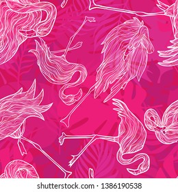 Vector seamless pattern with hand draw illustration silhouette flamingos on pink tropical leaf background