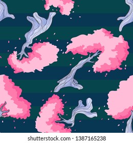 Vector seamless pattern of hand draw sakura tree on geometric background with dark green and blue stripes