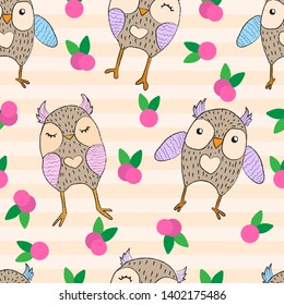 Vector seamless pattern with hand draw illustration of funny owls in cartoons style with crayon line on biege background with stripes and berry
