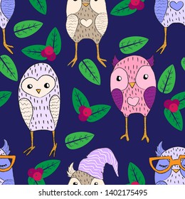 Vector seamless pattern with hand draw illustration of funny cartoons owl with crayon lines on dark blue background with leaves and berries