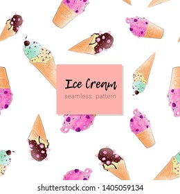 Vector seamless pattern with hand draw illustration stylized watercolour summer ice cream in waffle cone on white backgrounds