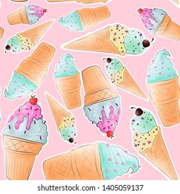 Vector seamless pattern with hand draw illustration stylized watercolour summer ice cream in waffle con on pink backgrounds