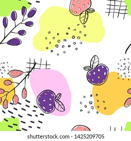 Vector seamless pattern with hand draw illustration of leaves, berry and flower with abstract shape and dots. Colourful scndinavian repeat background. For posters, header, wrapping paper, postcard
