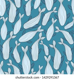 Vector seamless pattern with hand draw illustration of whale. Childish background  with whale in cartoons style.