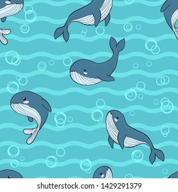 Vector seamless pattern with hand draw illustration of whale and boat with abstract shape background in scandinavian style. Childish background  with whale in cartoons style.