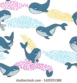 Vector seamless pattern with hand draw illustration of whale on abstract shape background in scandinavian style. Childish background  with whale in cartoons style.