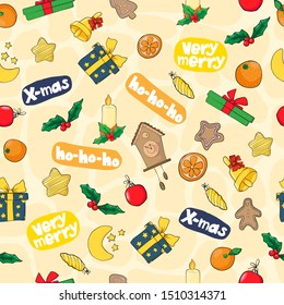 Vector seamless pattern with hand draw hygge christmas item with quote very merry x-mas ho ho ho illustration in doodle cartoons style for wrapping, textile or post card on beige background