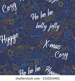 Vector seamless pattern with hand draw hygge christmas item with quote holly jolly x-mas ho ho ho cozy illustration in doodle cartoons style on blue background for wrapping, textile or post card 