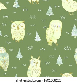 Vector seamless pattern with hand draw illustrations of cute owls in forest. Can be used for wallpaper, pattern fills, web page, surface textures, textile print, wrapping paper