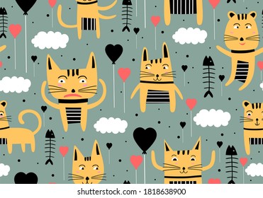 Vector seamless pattern with hand draw cats. Cute colorful kittens and fish on grey background. Creative nursery background. Perfect for kids design, fabric, wrapping, wallpaper, textile, apparel