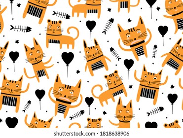 Vector seamless pattern with hand draw cats. Cute colorful kittens and fish on white background. Creative nursery background. Perfect for kids design, fabric, wrapping, wallpaper, textile, apparel